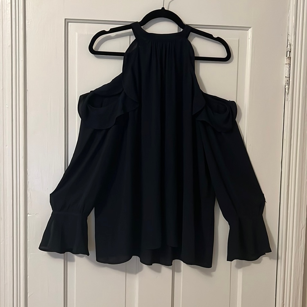 LOFT Navy Blue Cold Shoulder Long Sleeved Top with Ruffle Hem